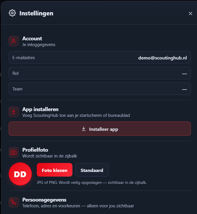 Instellingen met App installeren, Profielfoto en Persoonsgegevens